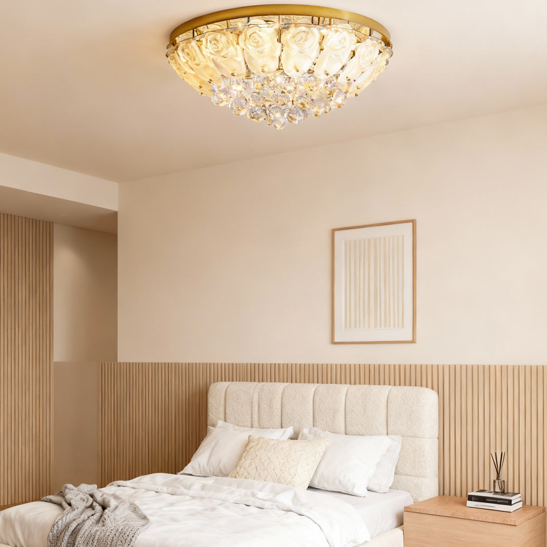 French Crystal Flush-Mount Ceiling Light — Gold Stainless Steel, LED, 3-Step Dimming (3000K/4500K/6000K), 17.7"–39.4"