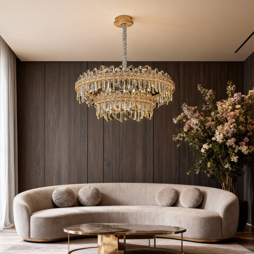 Crystal Chandelier — Champagne Gold-Plated Steel, Tri-Color LED, Single, Double, or Oval Layer, 6 Sizes