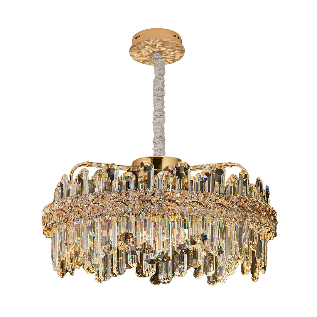 Crystal Chandelier — Champagne Gold-Plated Steel, Tri-Color LED, Single, Double, or Oval Layer, 6 Sizes