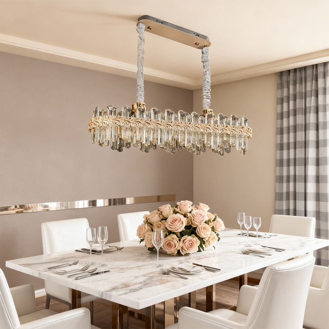 Crystal Chandelier — Champagne Gold-Plated Steel, Tri-Color LED, Single, Double, or Oval Layer, 6 Sizes