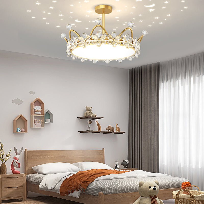 Crystal Crown Semi-Flush Mount — Iron, Acrylic & Crystal, Starry Sky Projection, 3-Step Dimming (3000K/4500K/6000K), 50–65W
