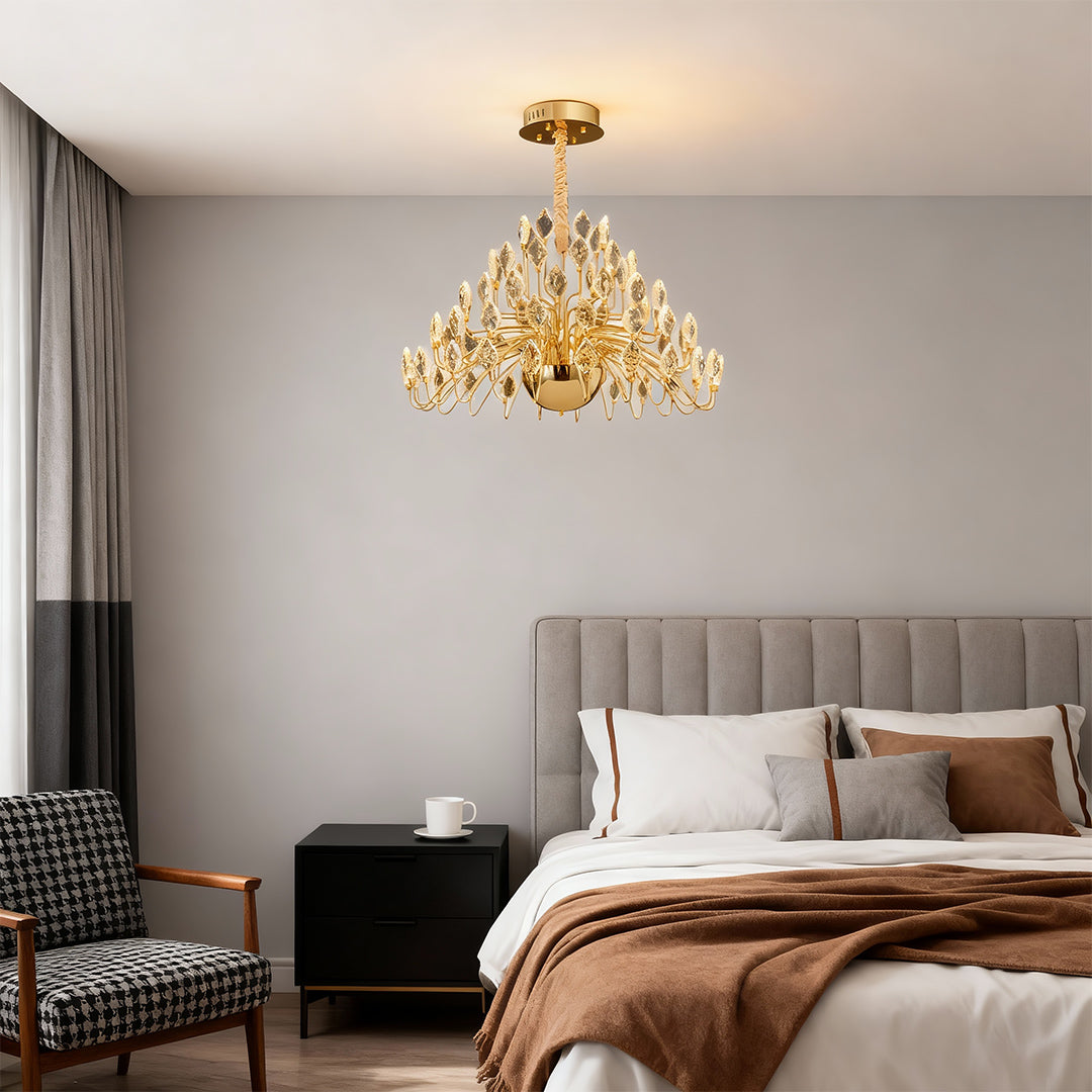 French Art Deco Crystal Chandelier — Gold Iron, LED, 3-Step Dimming, Round or Long, 23.6"–47.2"