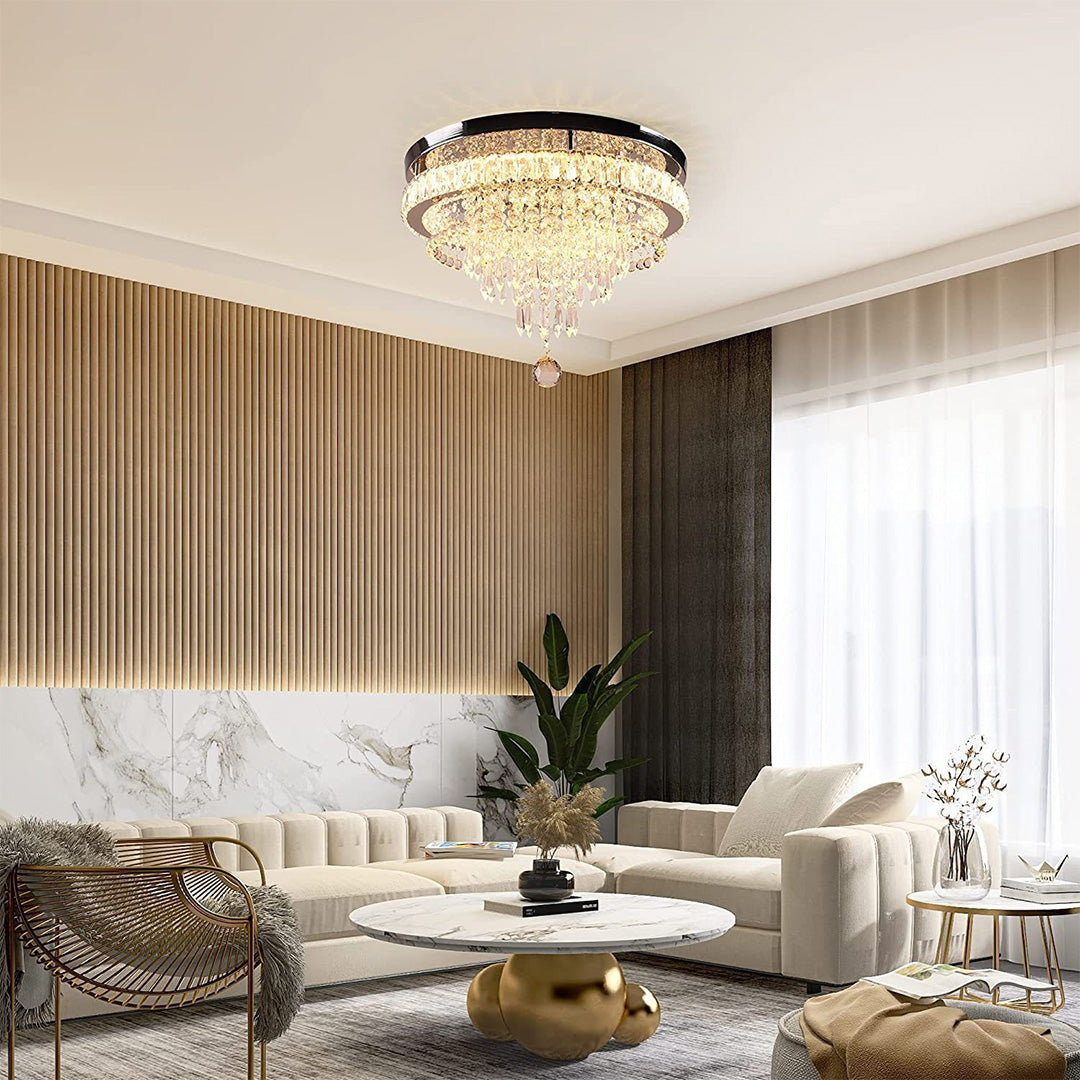 Round Crystal Flush-Mount Chandelier — Gold Stainless Steel, 55W LED, Four-Mode Dimming, 19.69"