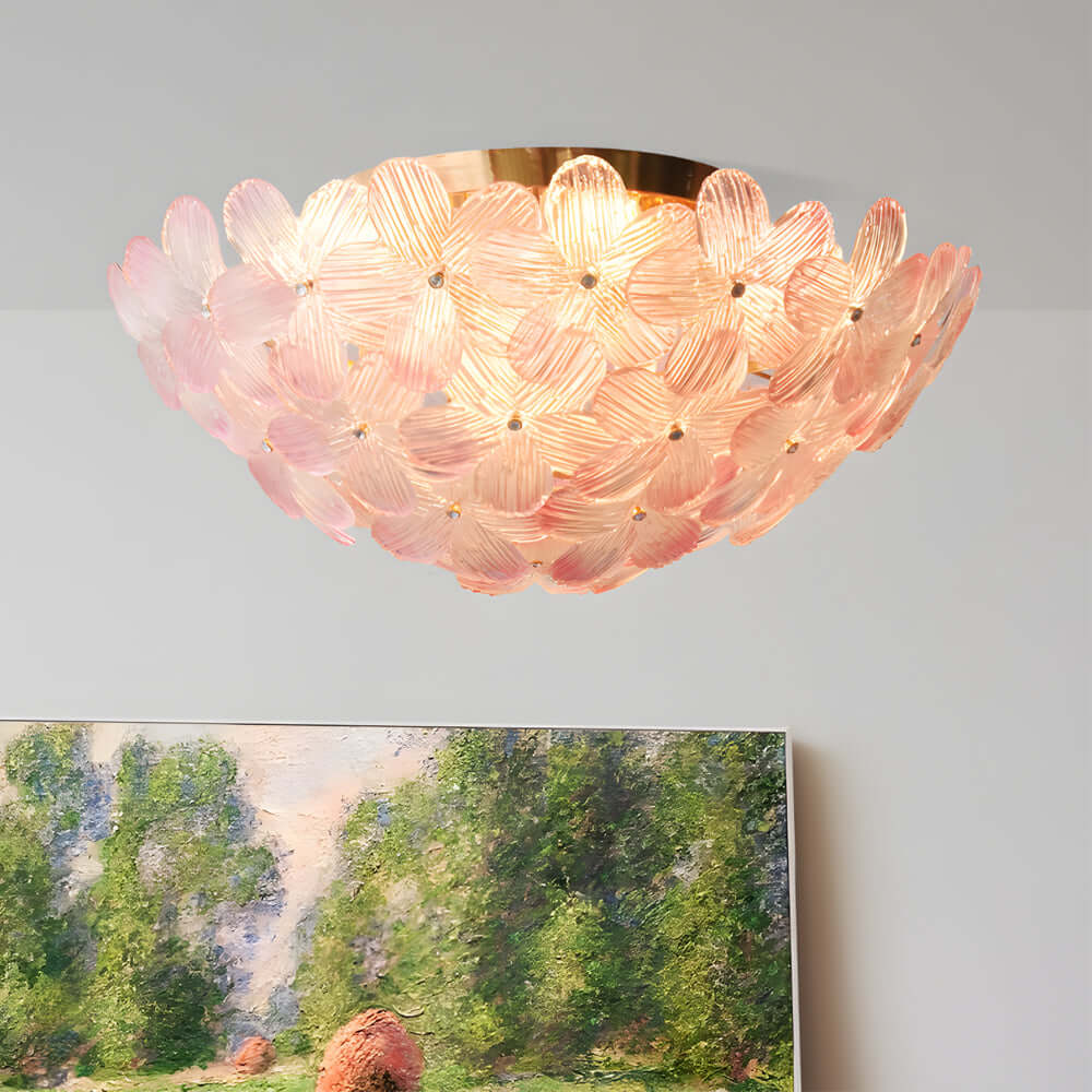 French Petal Glass Semi Flush-Mount — Iron Body, E14, 6-Light or 9-Light, Pink / Blue / Mint Green