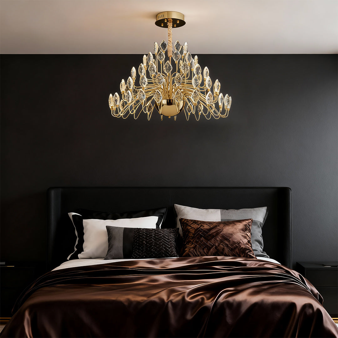 French Art Deco Crystal Chandelier — Gold Iron, LED, 3-Step Dimming, Round or Long, 23.6"–47.2"