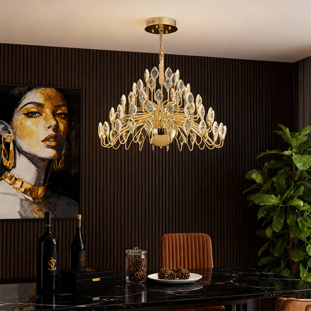 French Art Deco Crystal Chandelier — Gold Iron, LED, 3-Step Dimming, Round or Long, 23.6"–47.2"