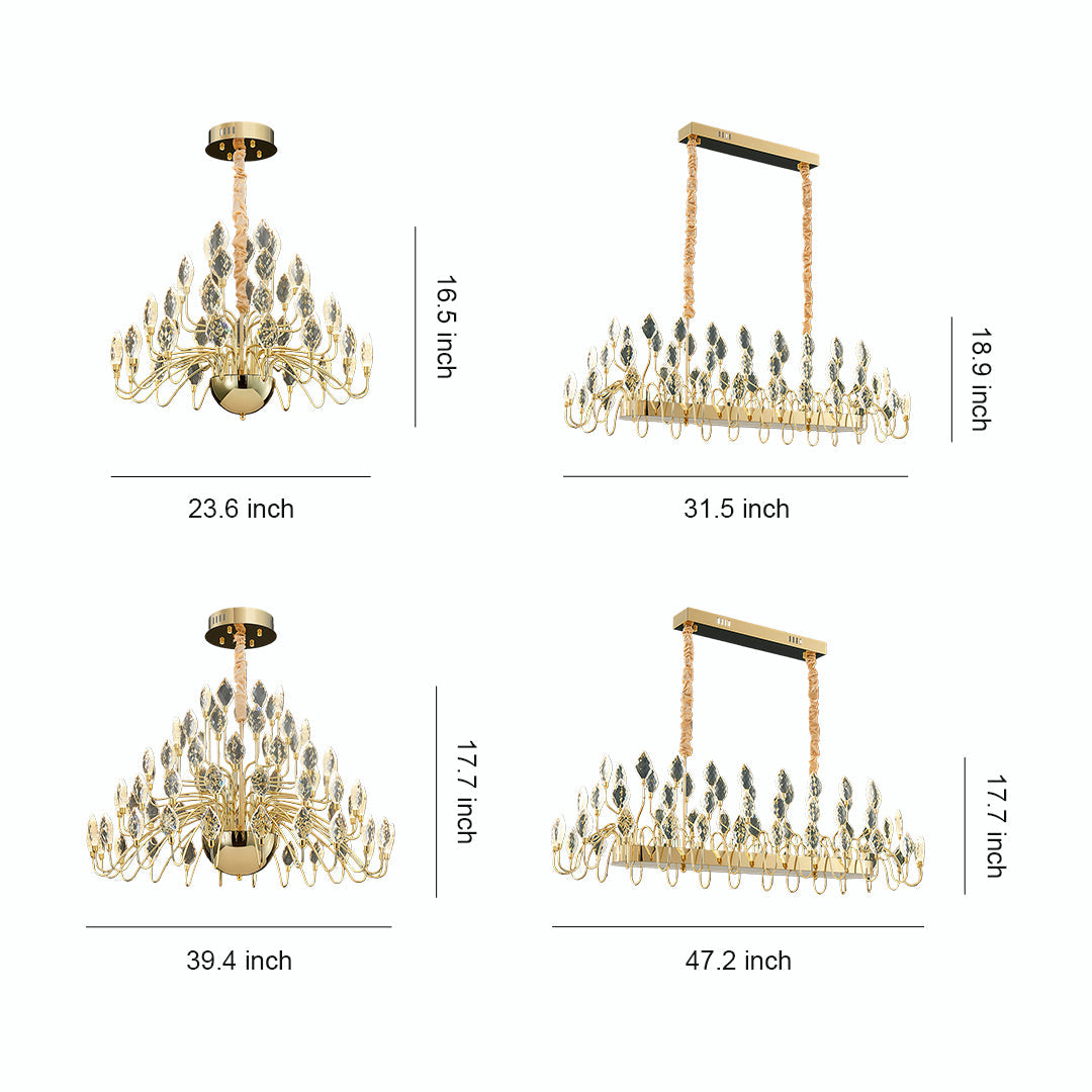 French Art Deco Crystal Chandelier — Gold Iron, LED, 3-Step Dimming, Round or Long, 23.6"–47.2"