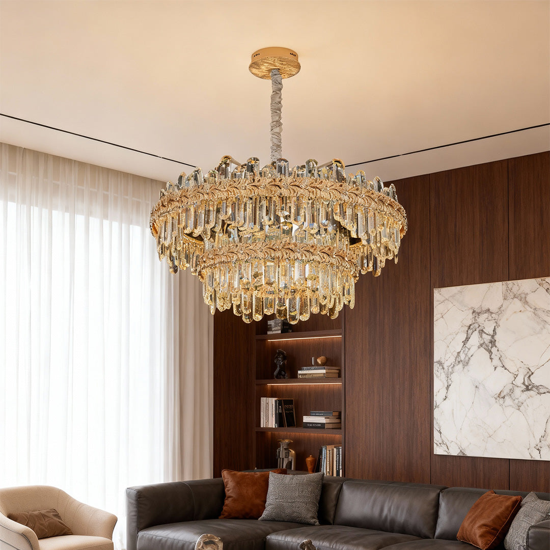 Crystal Chandelier — Champagne Gold-Plated Steel, Tri-Color LED, Single, Double, or Oval Layer, 6 Sizes