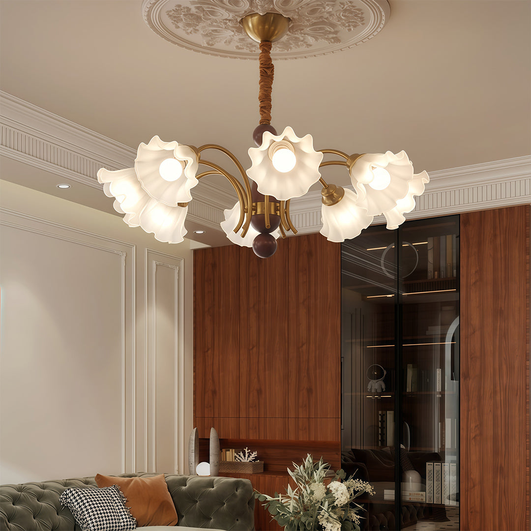 Lily-of-the-Valley Flower Glass Chandelier — Gold & Walnut Iron Frame, 3-Step Dimming, 3/5/8-Light