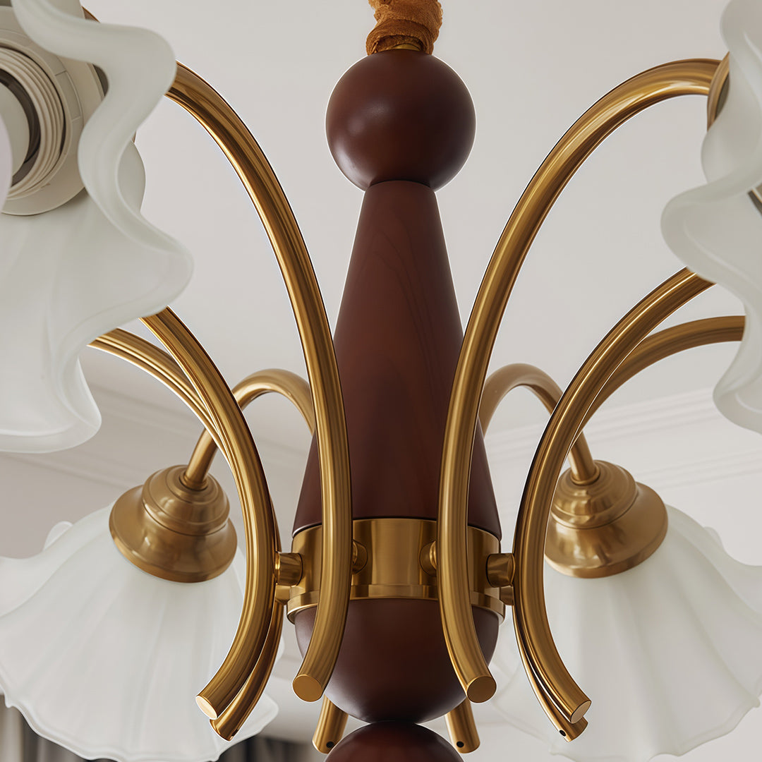 Lily-of-the-Valley Flower Glass Chandelier — Gold & Walnut Iron Frame, 3-Step Dimming, 3/5/8-Light