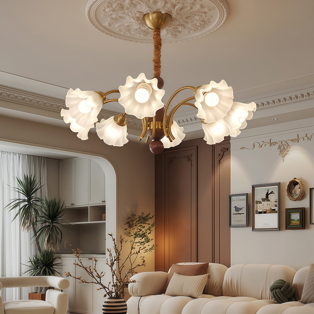 Lily-of-the-Valley Flower Glass Chandelier — Gold & Walnut Iron Frame, 3-Step Dimming, 3/5/8-Light