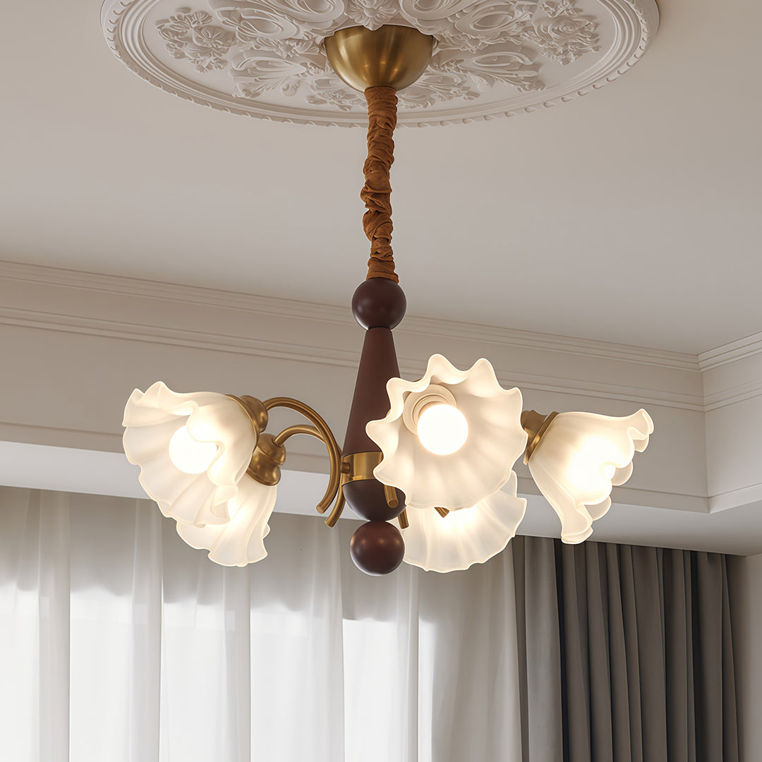 Lily-of-the-Valley Flower Glass Chandelier — Gold & Walnut Iron Frame, 3-Step Dimming, 3/5/8-Light