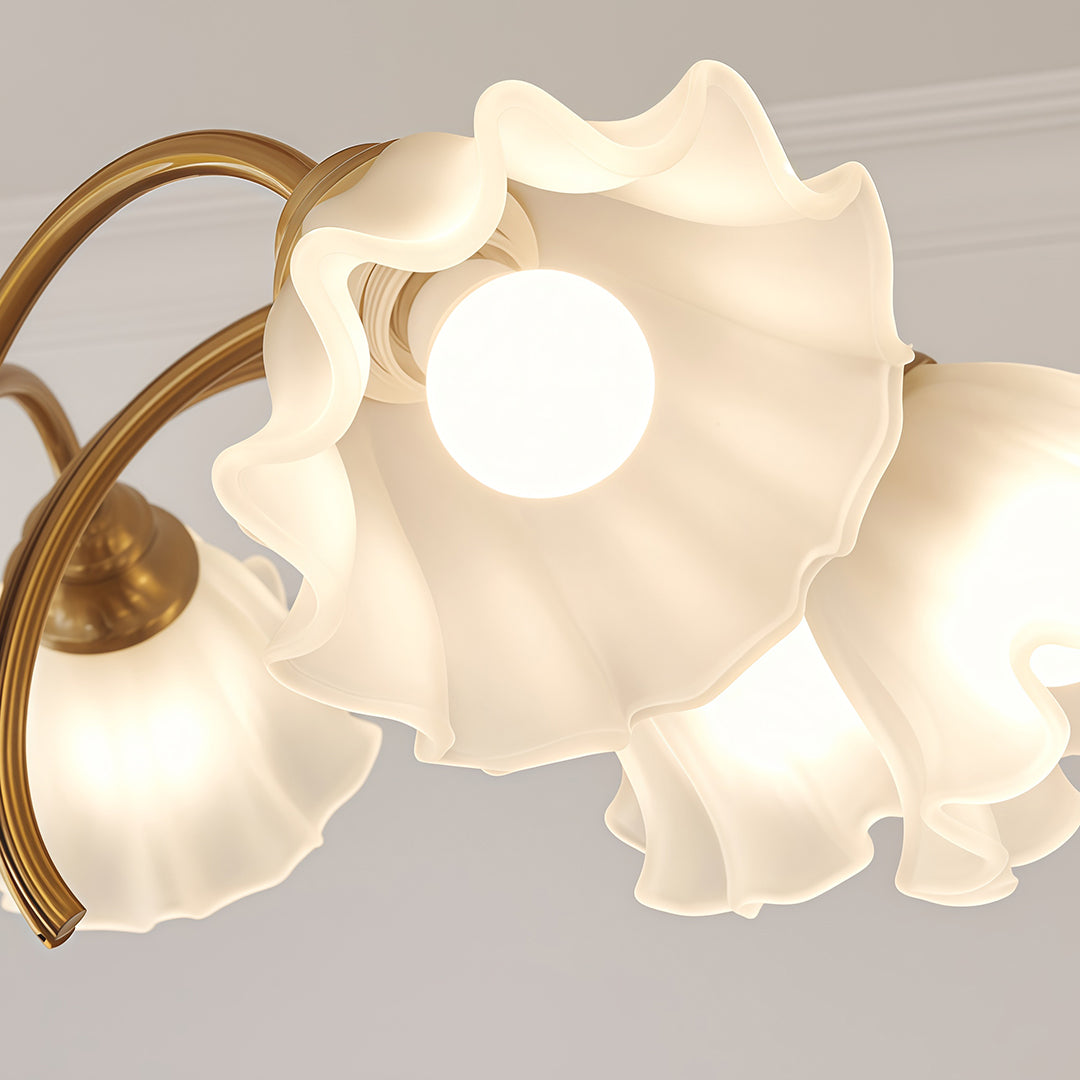Lily-of-the-Valley Flower Glass Chandelier — Gold & Walnut Iron Frame, 3-Step Dimming, 3/5/8-Light