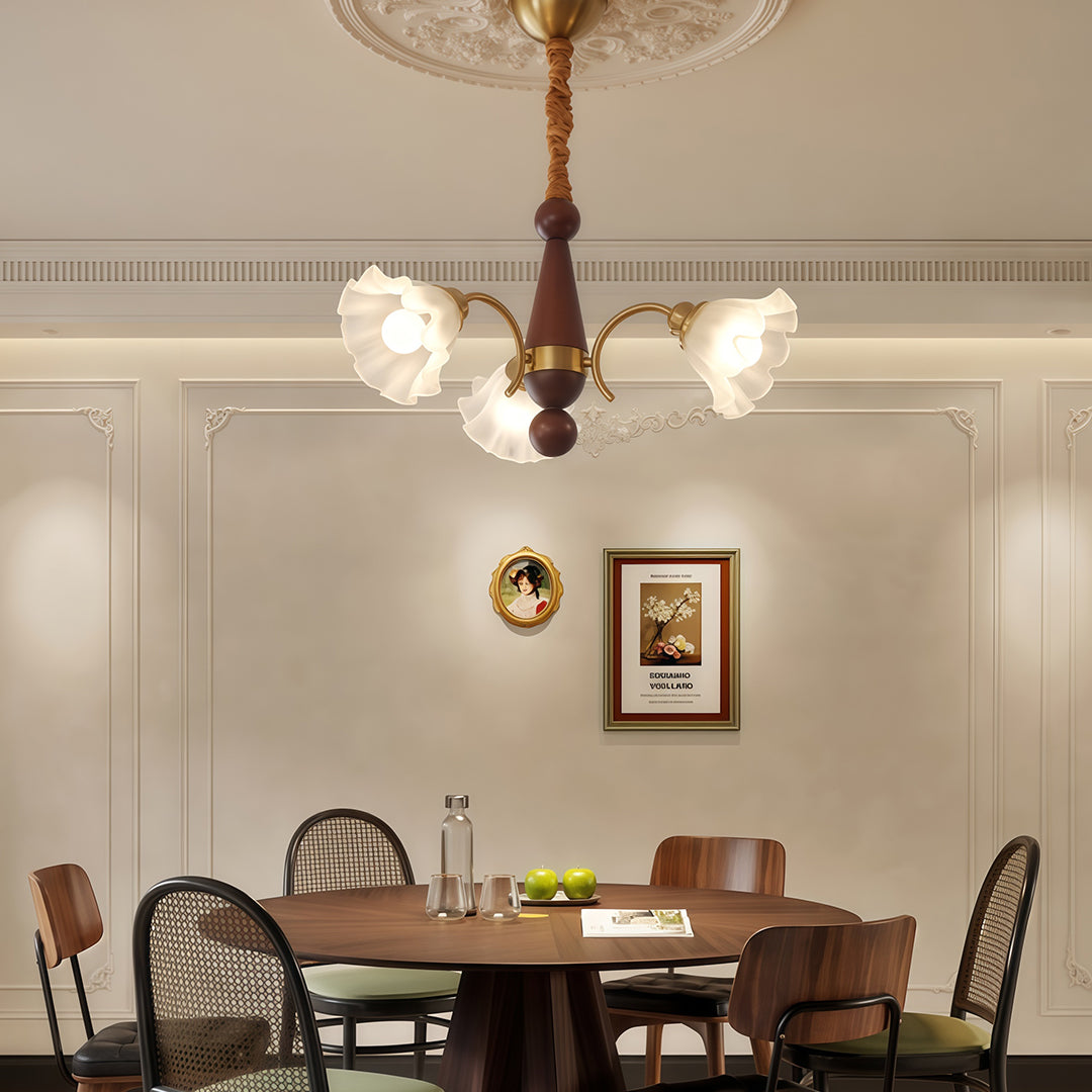 Lily-of-the-Valley Flower Glass Chandelier — Gold & Walnut Iron Frame, 3-Step Dimming, 3/5/8-Light