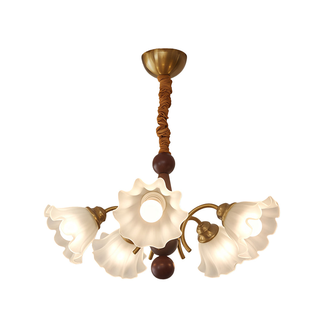 Lily-of-the-Valley Flower Glass Chandelier — Gold & Walnut Iron Frame, 3-Step Dimming, 3/5/8-Light