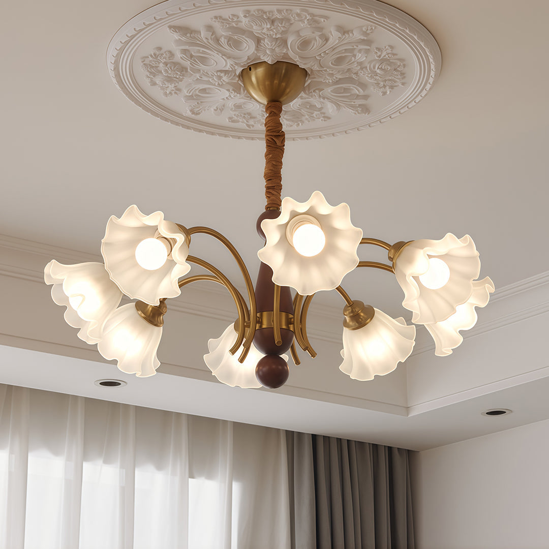 Lily-of-the-Valley Flower Glass Chandelier — Gold & Walnut Iron Frame, 3-Step Dimming, 3/5/8-Light