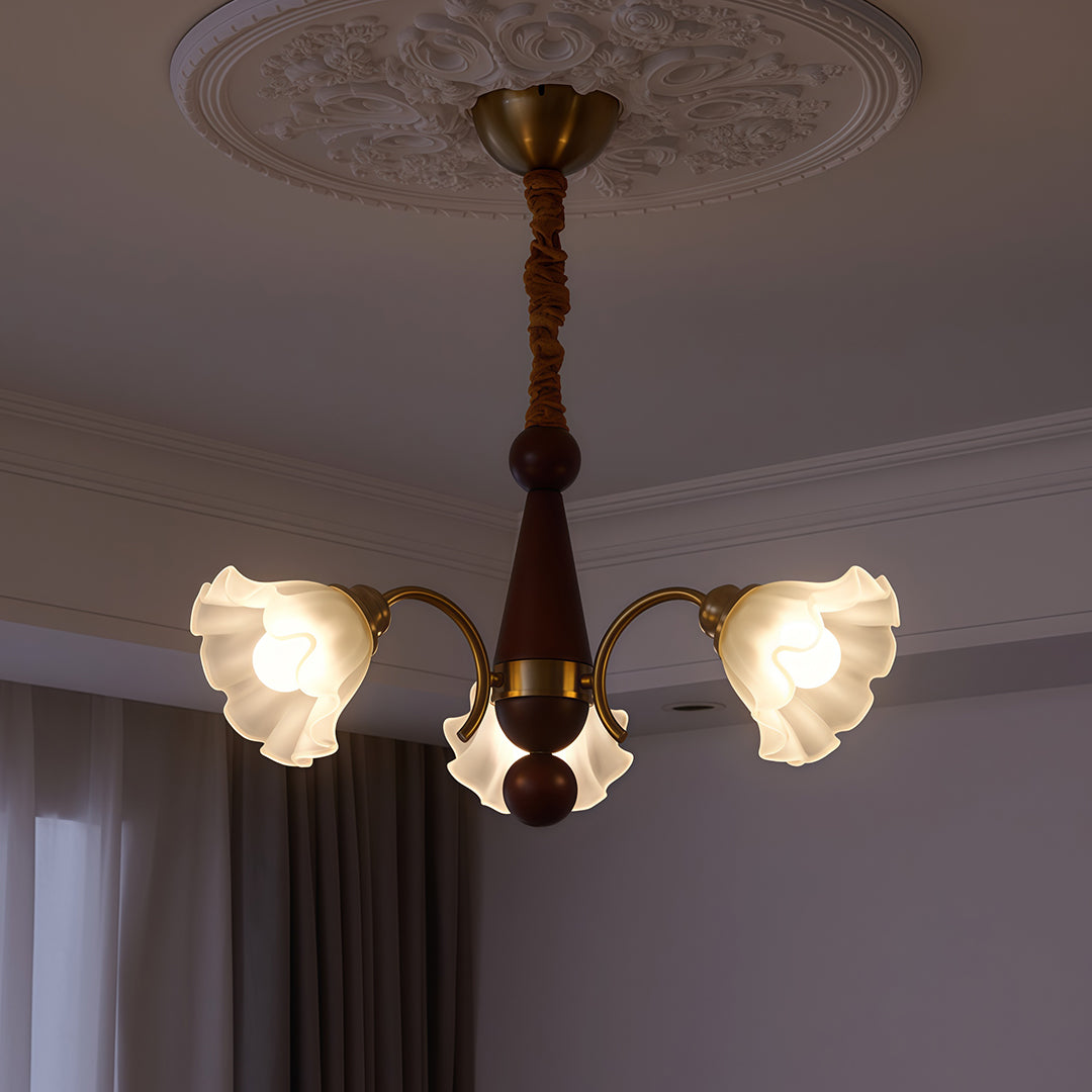 Lily-of-the-Valley Flower Glass Chandelier — Gold & Walnut Iron Frame, 3-Step Dimming, 3/5/8-Light