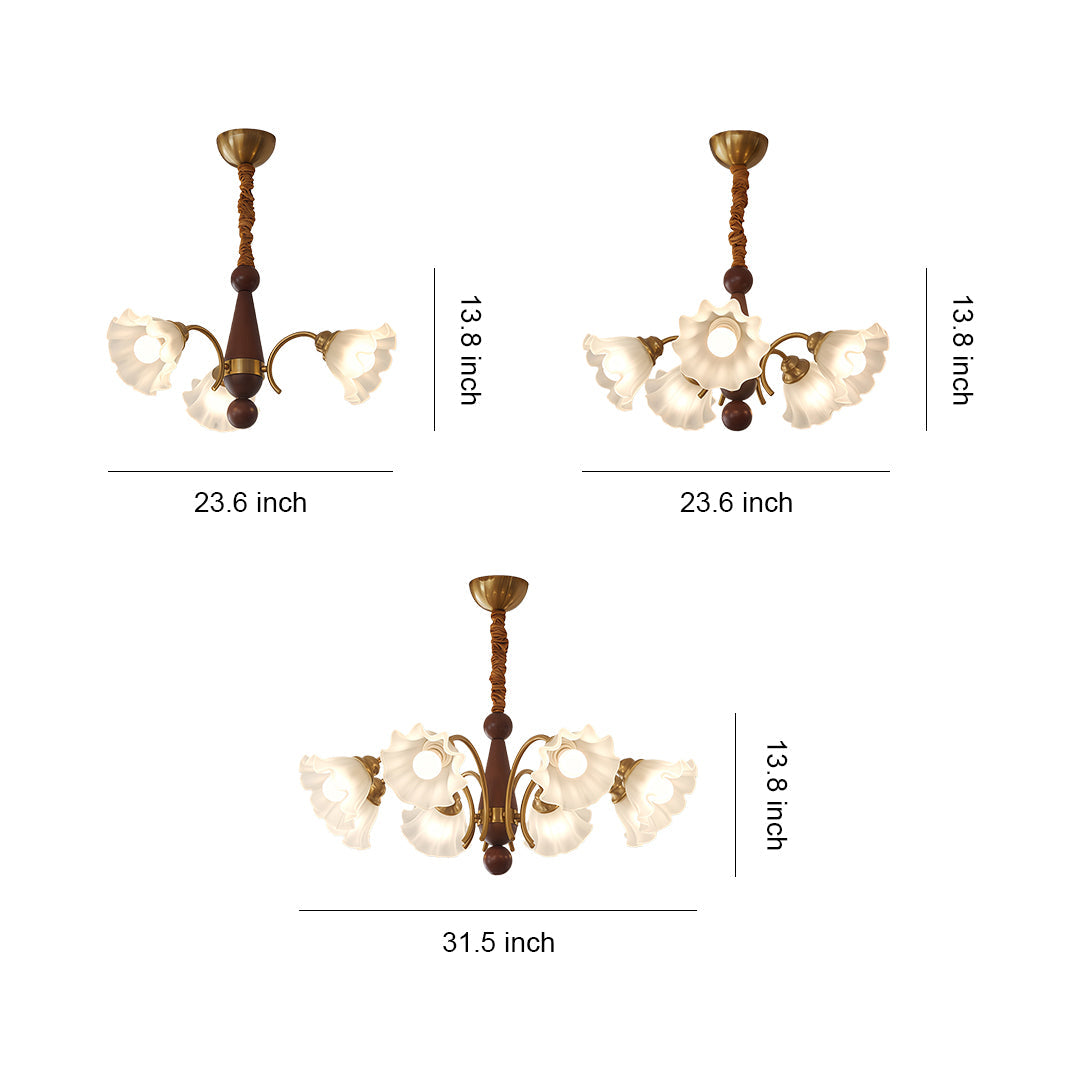 Lily-of-the-Valley Flower Glass Chandelier — Gold & Walnut Iron Frame, 3-Step Dimming, 3/5/8-Light