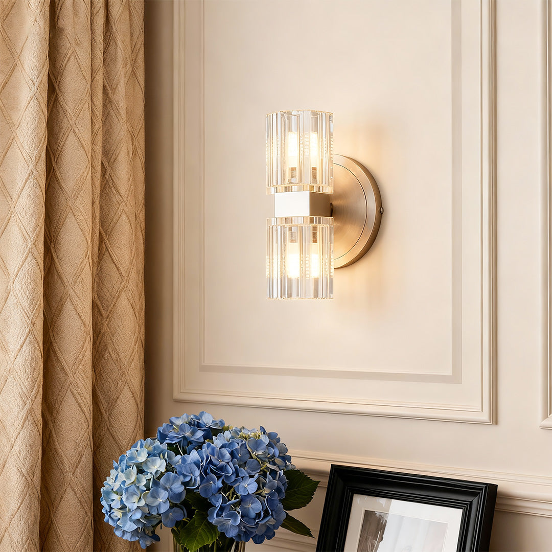 Modern Crystal Wall Sconce — Copper Frame, Dual-Light, G4, 4.72" × 7.87"