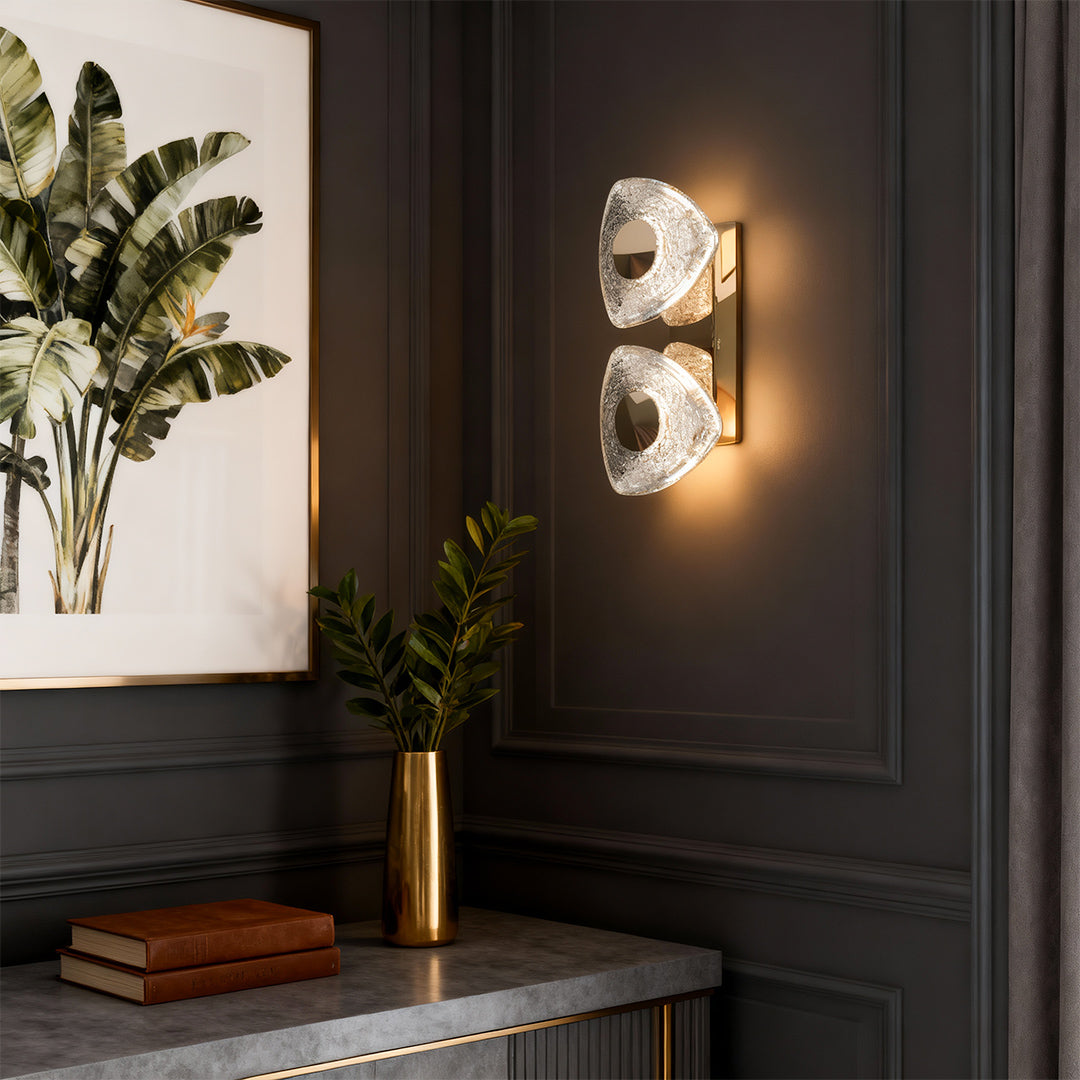 Minimalist Crystal Wall Sconce — Gold Aluminum, Three-Color Dimming (3000K/4500K/6000K), Single or Double Head