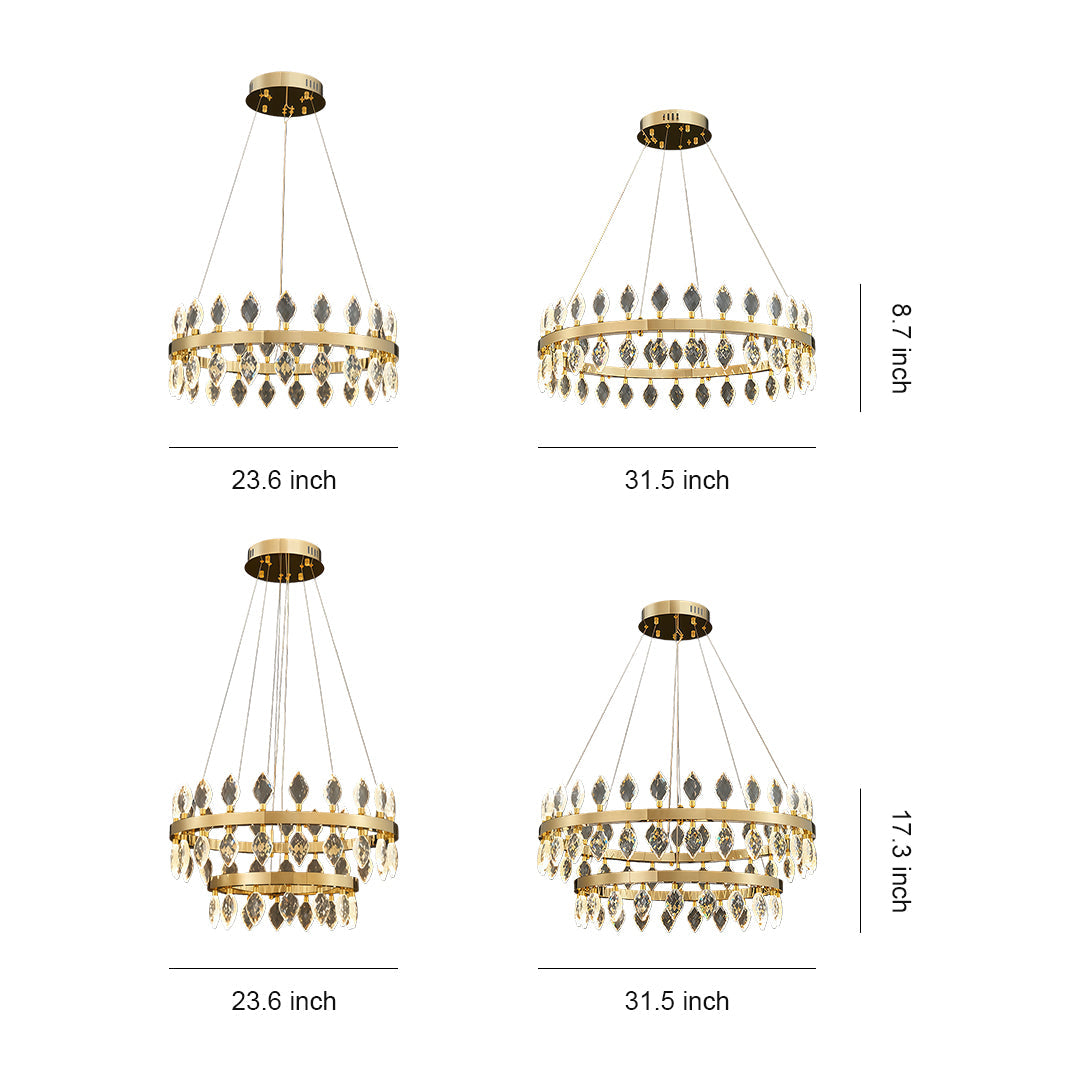 Italian-Style Crystal Ring Chandelier — Gold Iron, Multi-Layer, 3-Step Dimming, 23.6"–55.12"