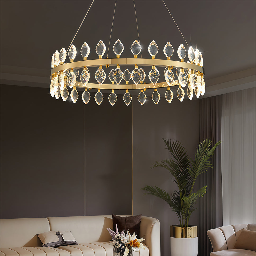Italian-Style Crystal Ring Chandelier — Gold Iron, Multi-Layer, 3-Step Dimming, 23.6"–55.12"