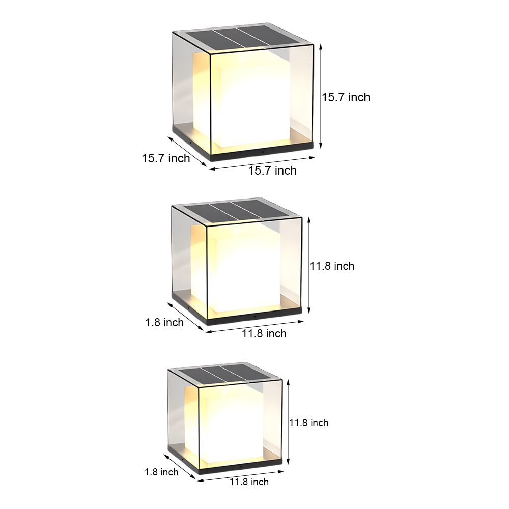 Minimalist Square Gate Pillar Light — Stainless Steel & Glass, Solar or Hardwired, 3000K LED, IP65, 360° Illumination