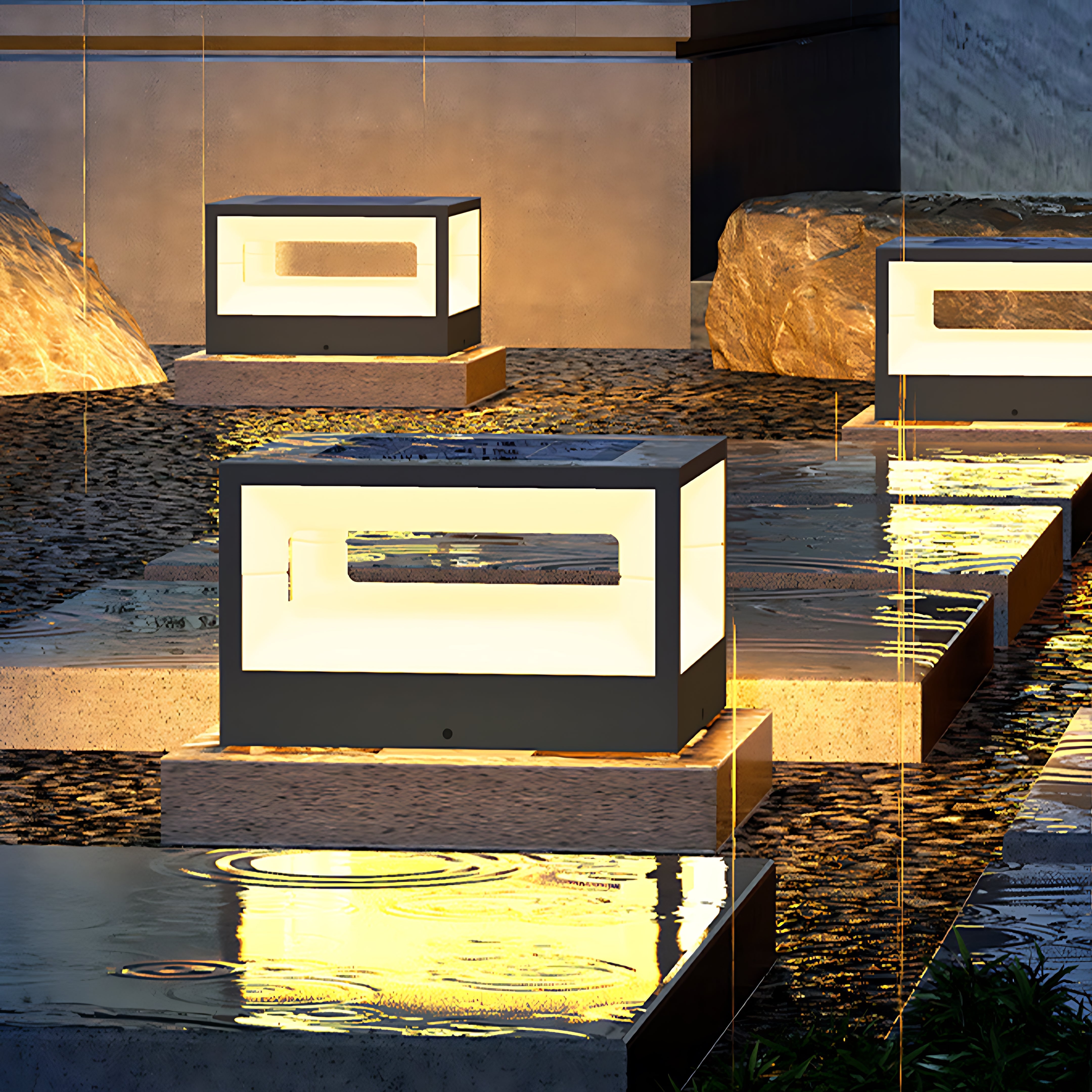 Hollow Square Outdoor Pillar Light — Stainless Steel, LED 3000K, Solar / Hardwired, IP65 Weatherproof