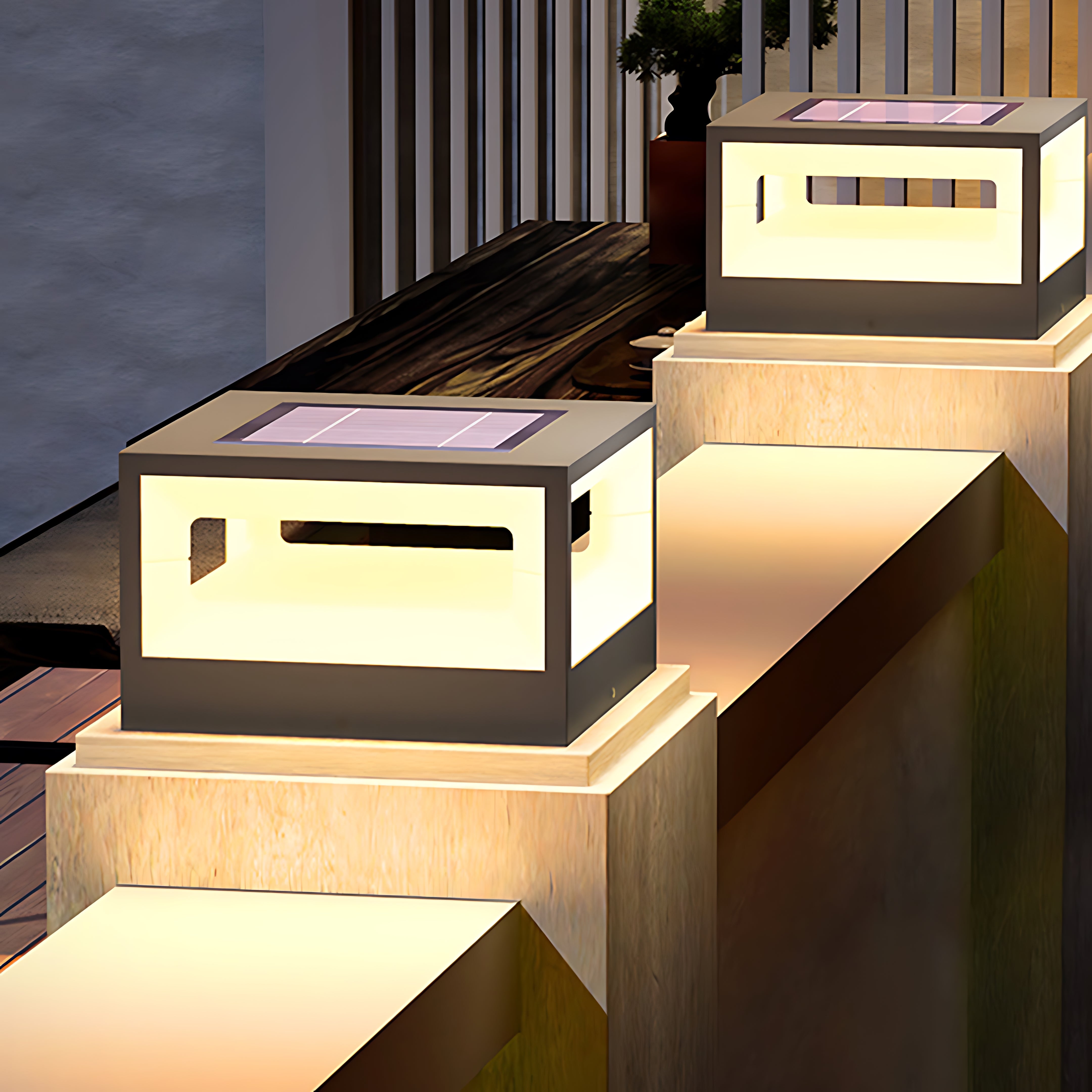 Hollow Square Outdoor Pillar Light — Stainless Steel, LED 3000K, Solar / Hardwired, IP65 Weatherproof