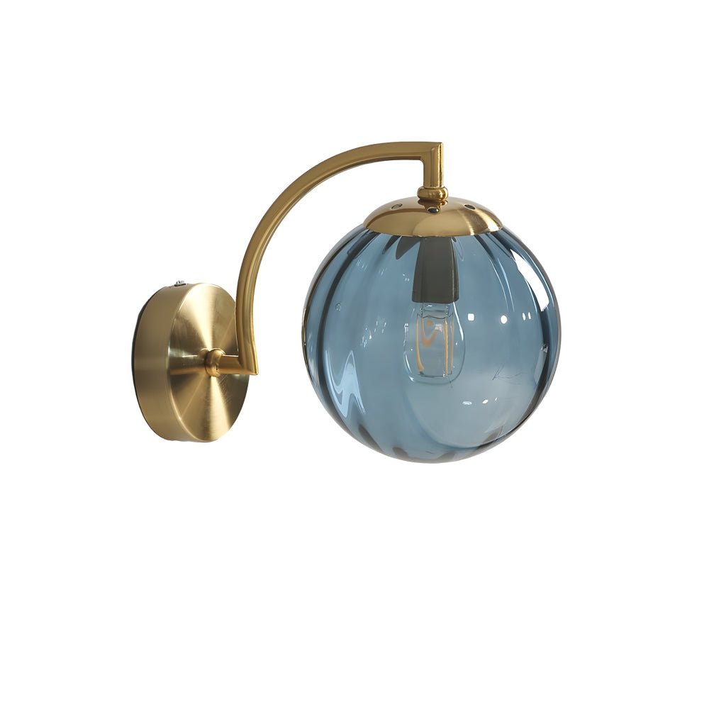 curved arm wall sconce with a single light and ball rib glass shade