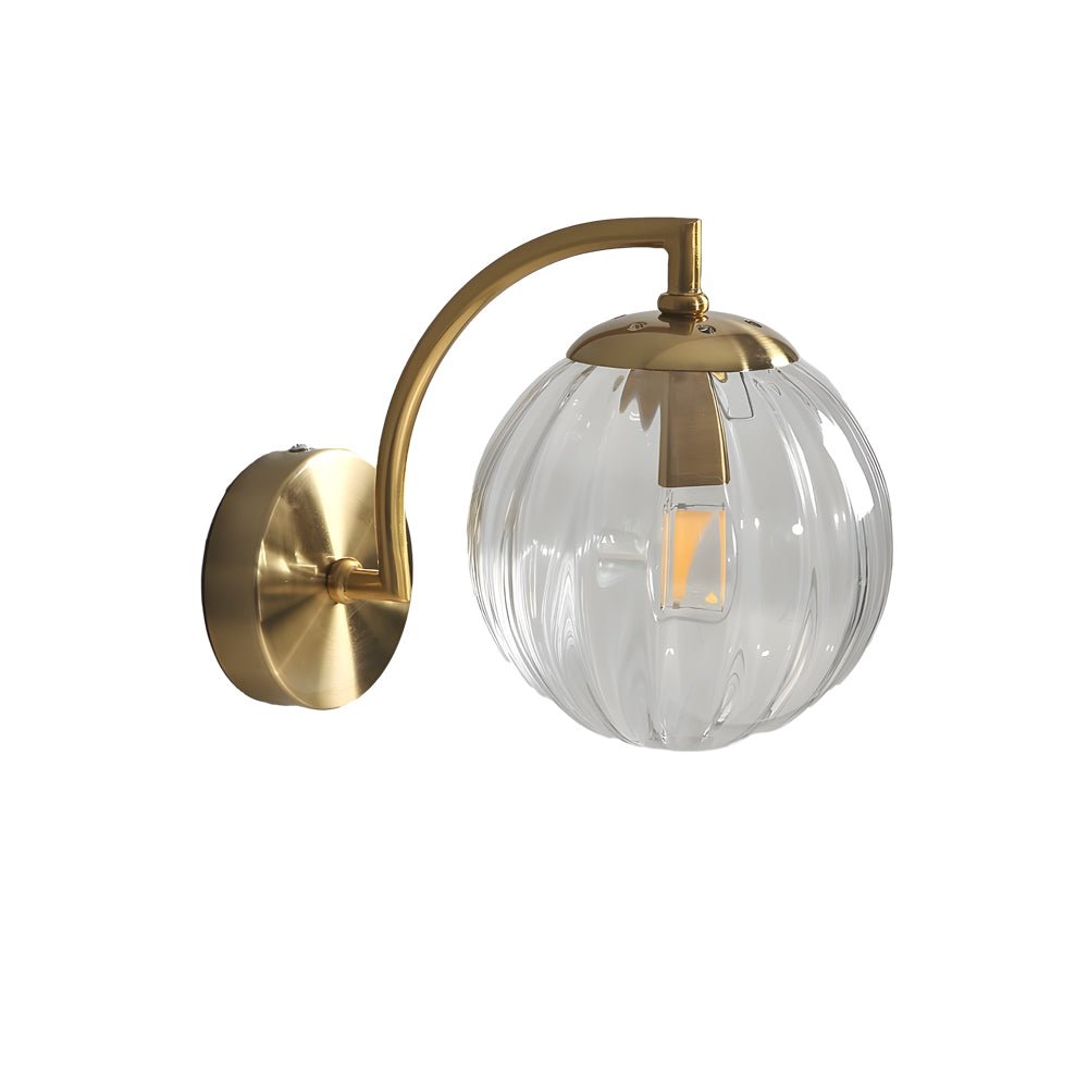 curved arm wall sconce with a single light and ball rib glass shade