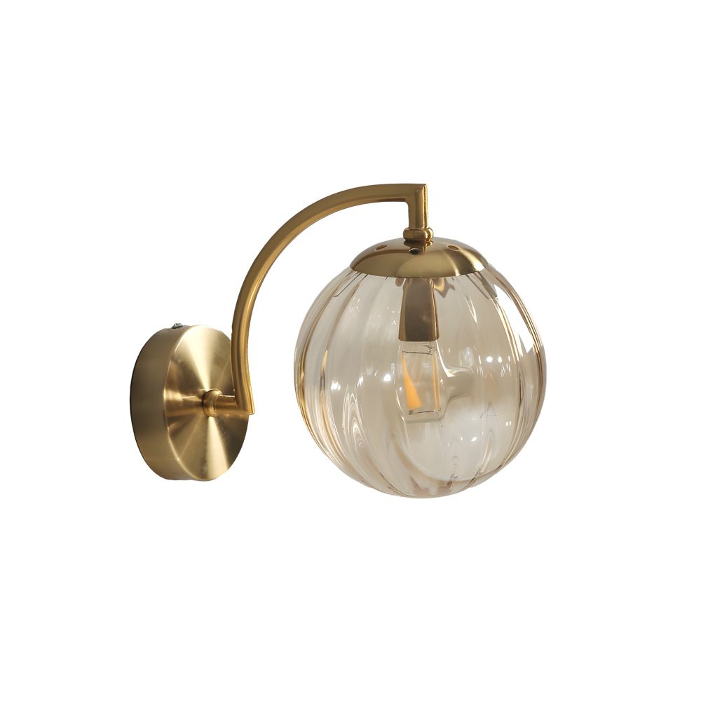 curved arm wall sconce with a single light and ball rib glass shade