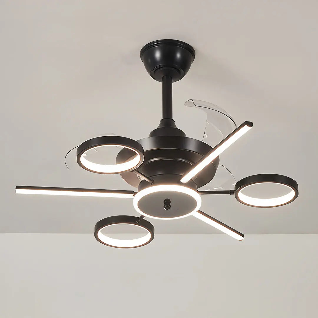 French Vintage Black Iron Ceiling Fan with Three Blades and Multiple Lights Luxe
