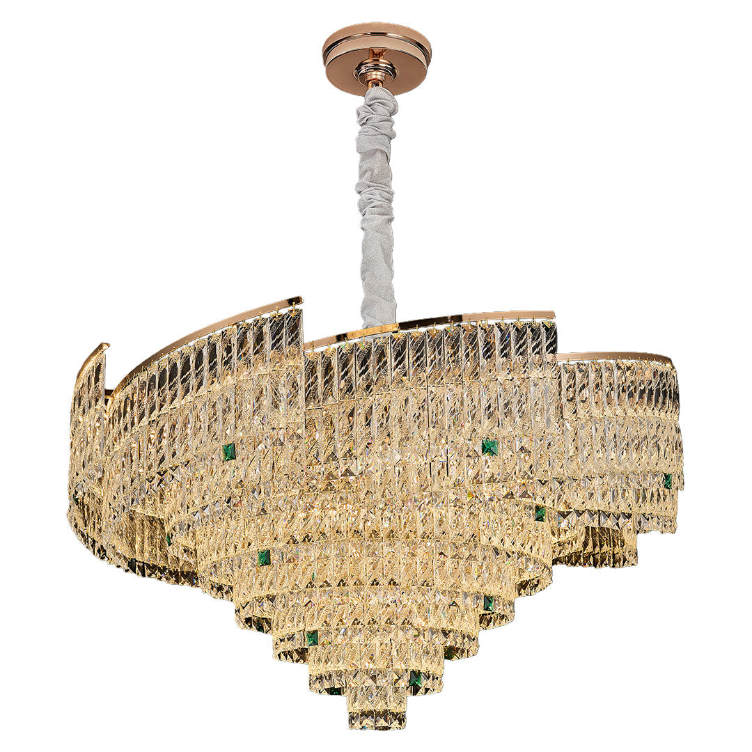 Crystal Pendant Chandelier — Champagne Gold-Plated Carbon Steel, Three-Color Dimming, LED, Adjustable Hanging Length