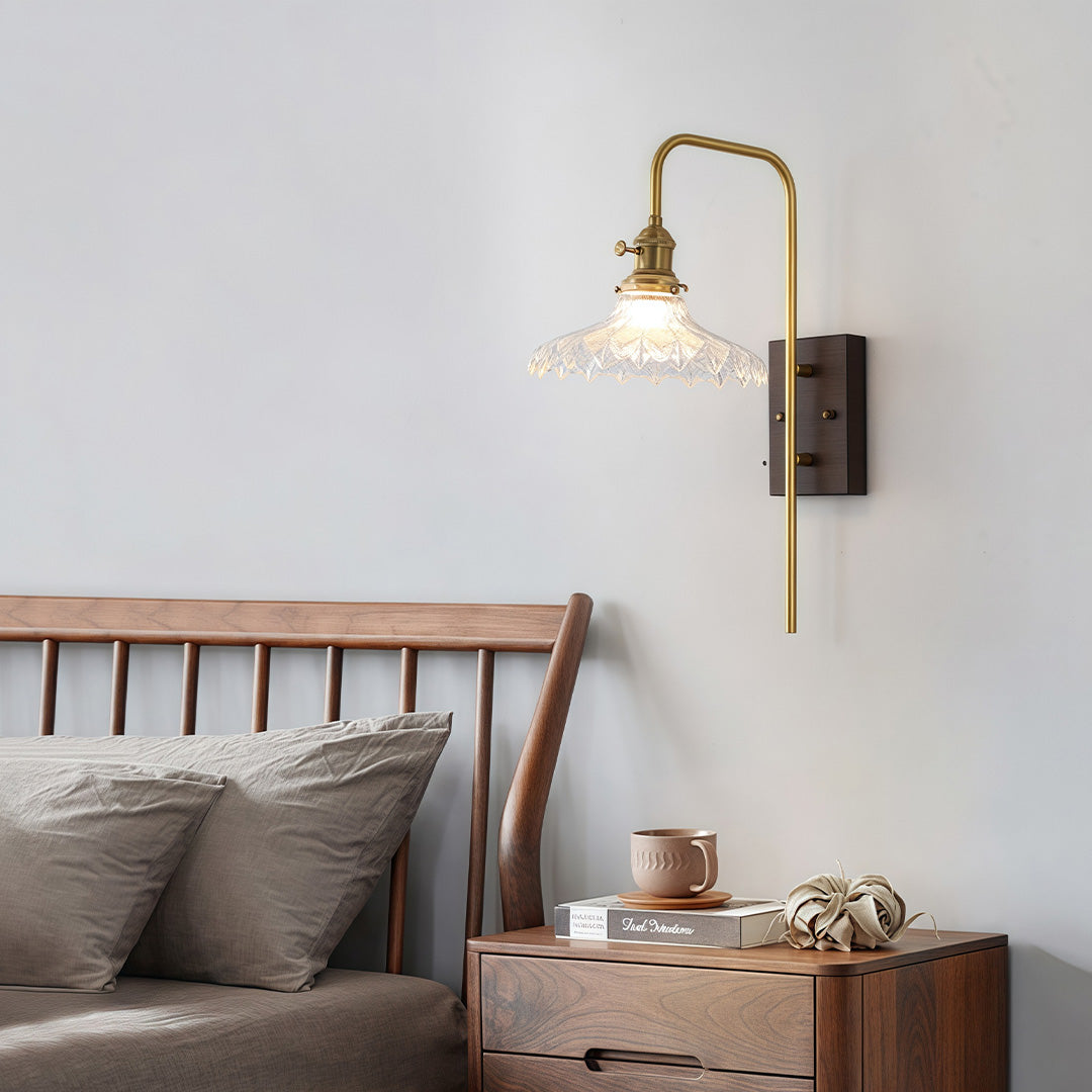 Retro Wave Glass Wall Sconce — Iron and Rubberwood, E27 LED, 3-Step Dimming (3000K/4500K/6000K), 3 Design Styles