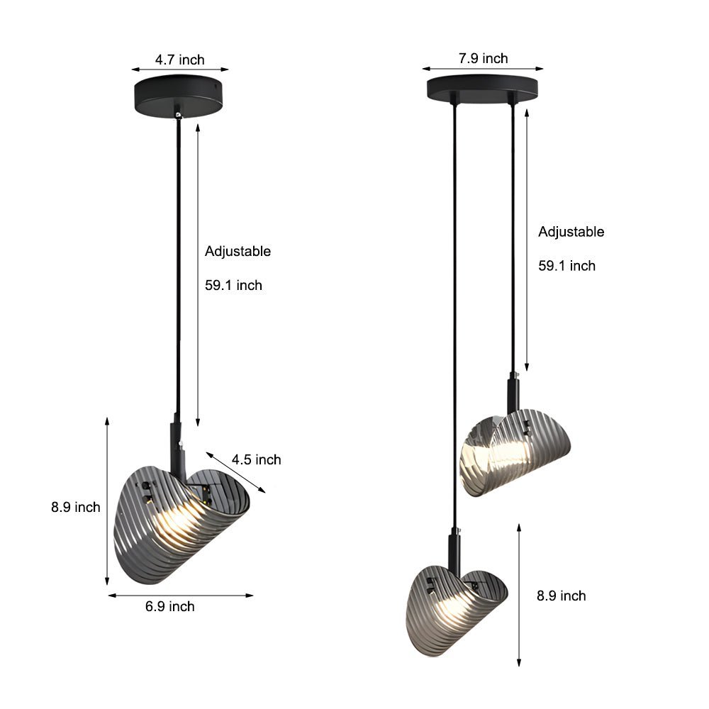 Curved Striped Glass Mini Pendant — Smoke Gray & Black, LED, 3-Step Dimming, 3000K/4500K/6000K