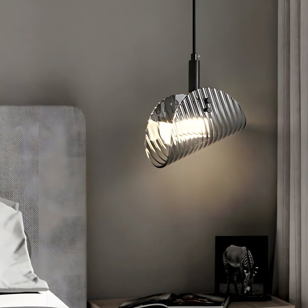 Curved Striped Glass Mini Pendant — Smoke Gray & Black, LED, 3-Step Dimming, 3000K/4500K/6000K