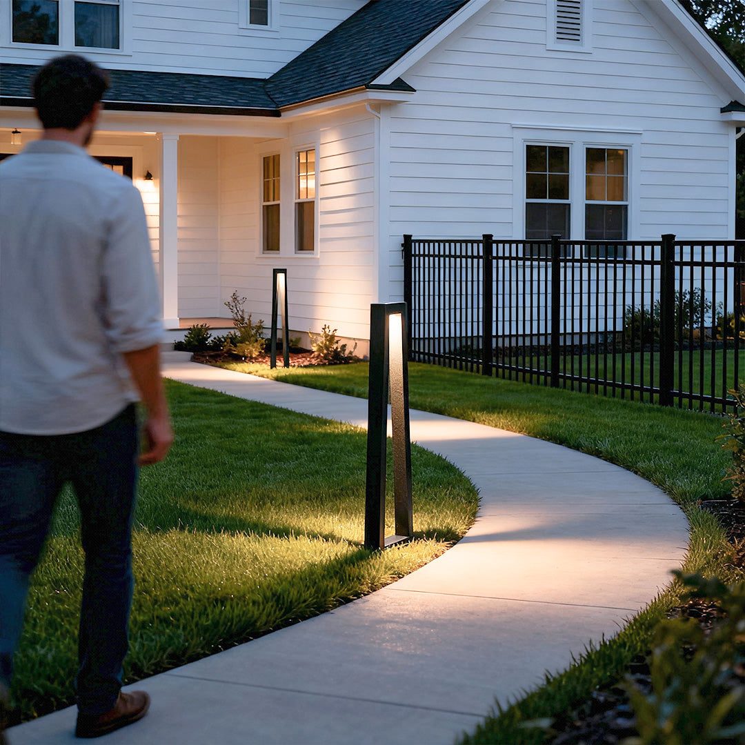 Minimalist Trapezoidal Landscape Pillar Light — Black Die-Cast Aluminum, 14W LED, IP65, 39.4" Hardwired