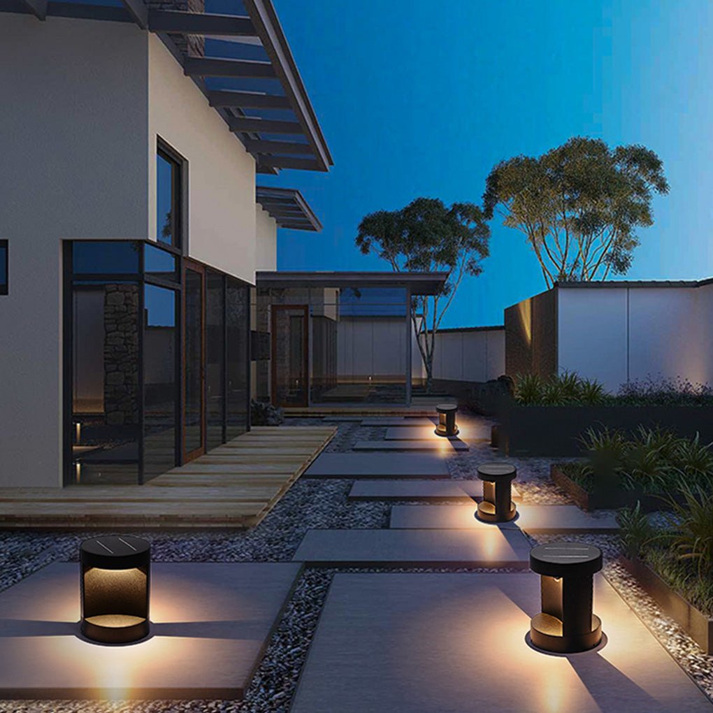 Contemporary Outdoor Cylinder Bollard Light — Aluminum and Frosted Glass, LED, Solar or Hardwired, IP65, 15W, Black