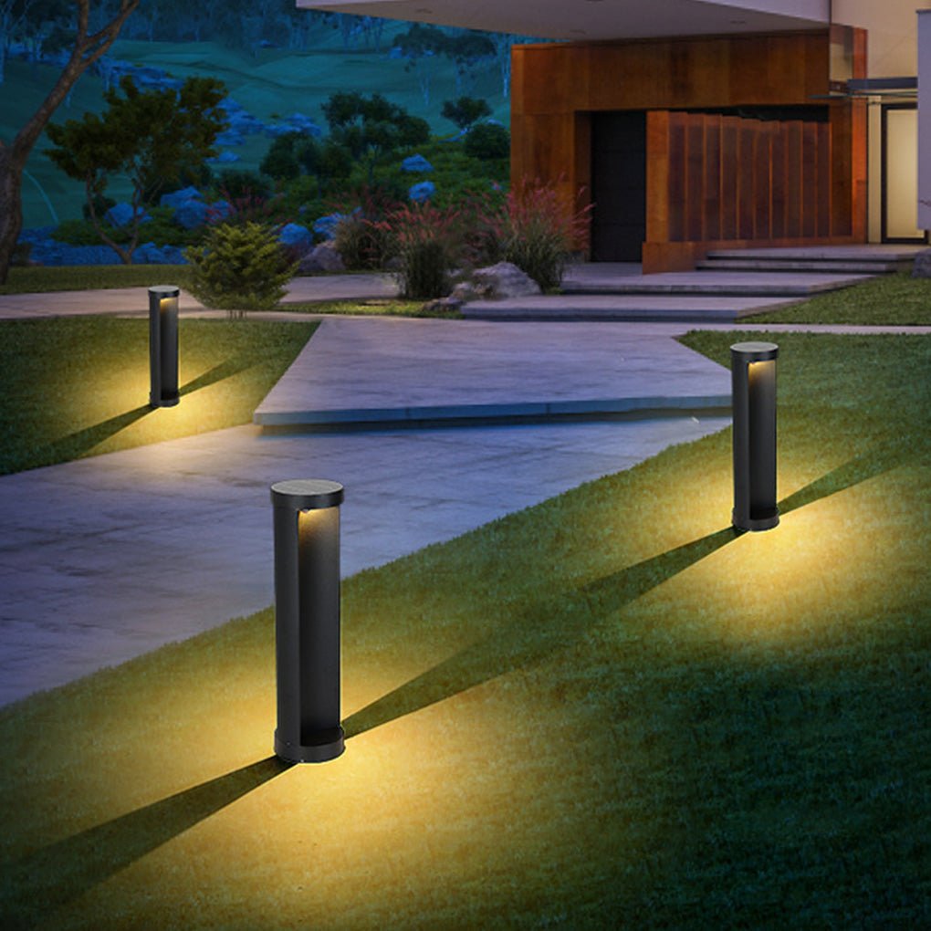 Contemporary Outdoor Cylinder Bollard Light — Aluminum and Frosted Glass, LED, Solar or Hardwired, IP65, 15W, Black