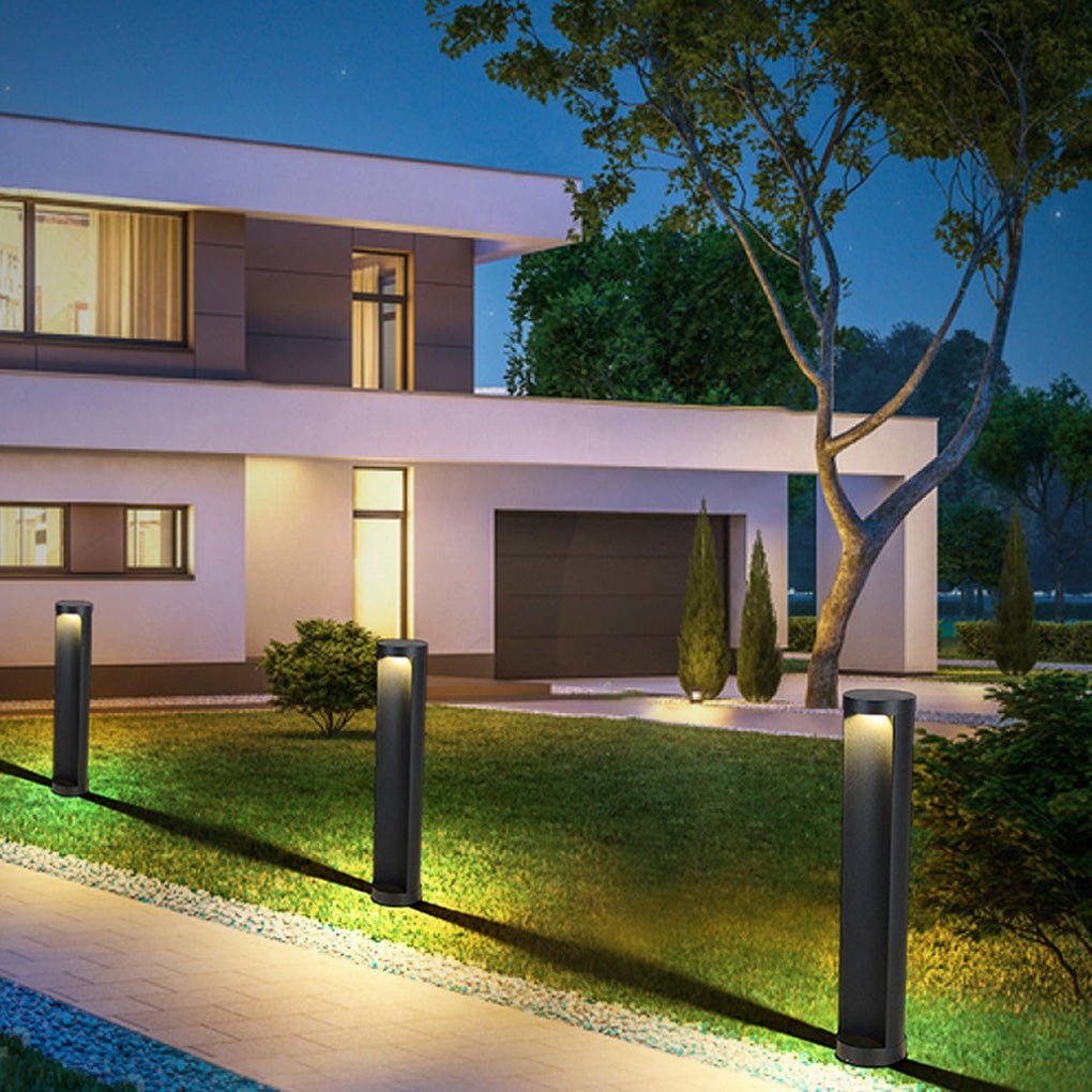 Contemporary Outdoor Cylinder Bollard Light — Aluminum and Frosted Glass, LED, Solar or Hardwired, IP65, 15W, Black