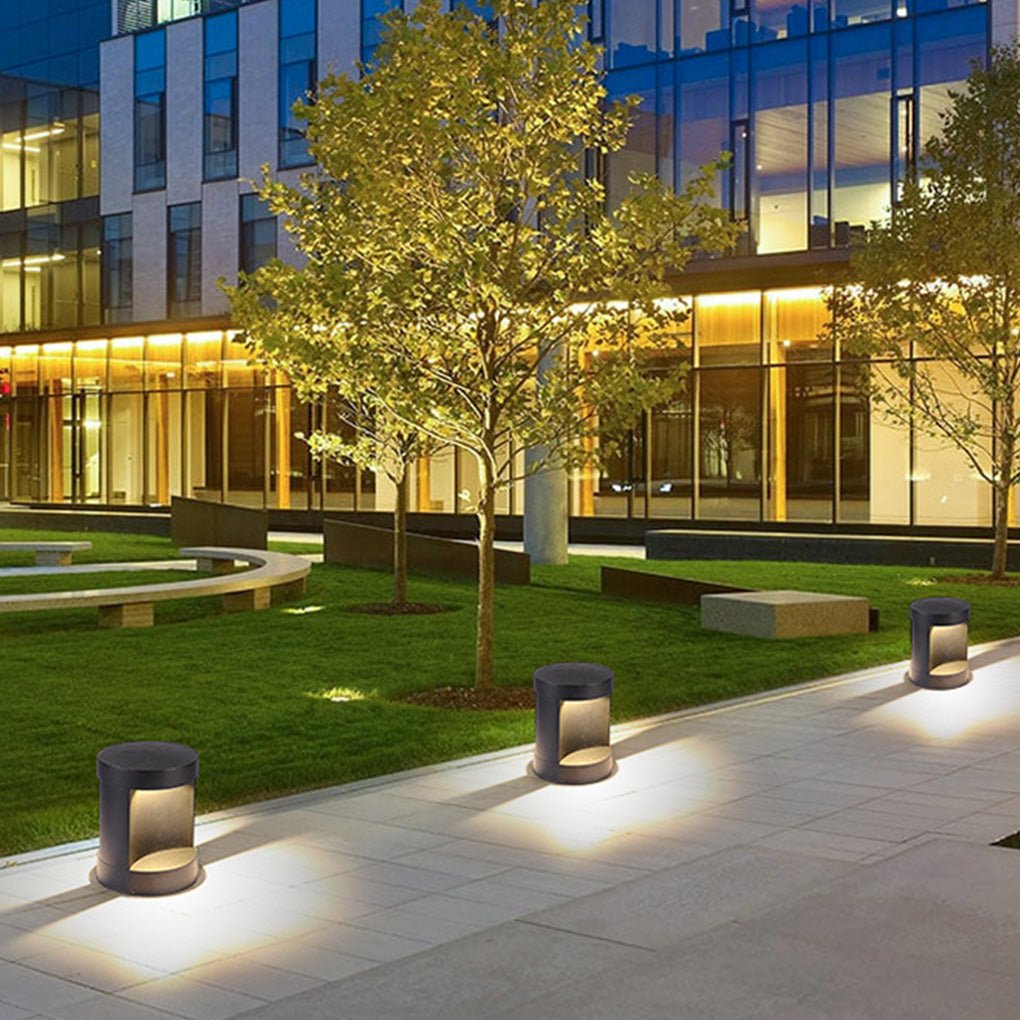 Contemporary Outdoor Cylinder Bollard Light — Aluminum and Frosted Glass, LED, Solar or Hardwired, IP65, 15W, Black