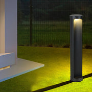 Contemporary Outdoor Cylinder Bollard Light — Aluminum and Frosted Glass, LED, Solar or Hardwired, IP65, 15W, Black