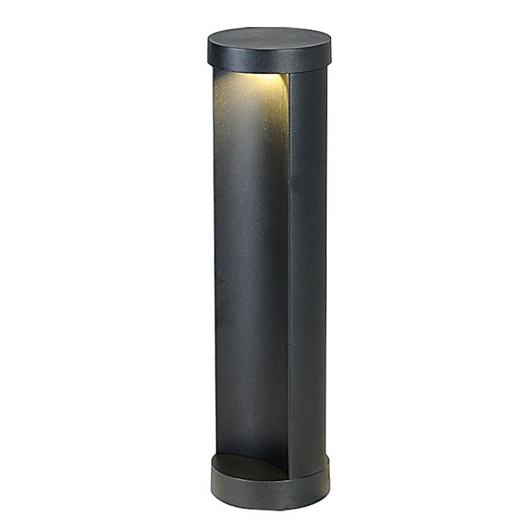 Contemporary Outdoor Cylinder Bollard Light — Aluminum and Frosted Glass, LED, Solar or Hardwired, IP65, 15W, Black