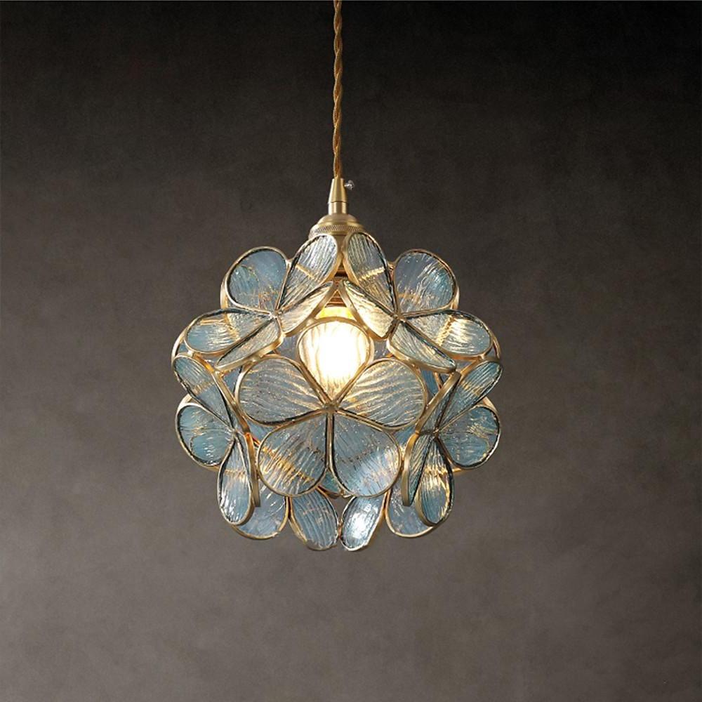 Flower Pattern Glass Mini Pendant — Copper, 8" Diameter, Adjustable 39" Cord