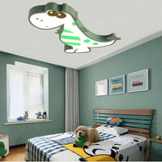 Cartoon Dinosaur LED Flush-Mount Ceiling Light — Metal, Dimmable with Remote, Pink or Green, 24" × 22"