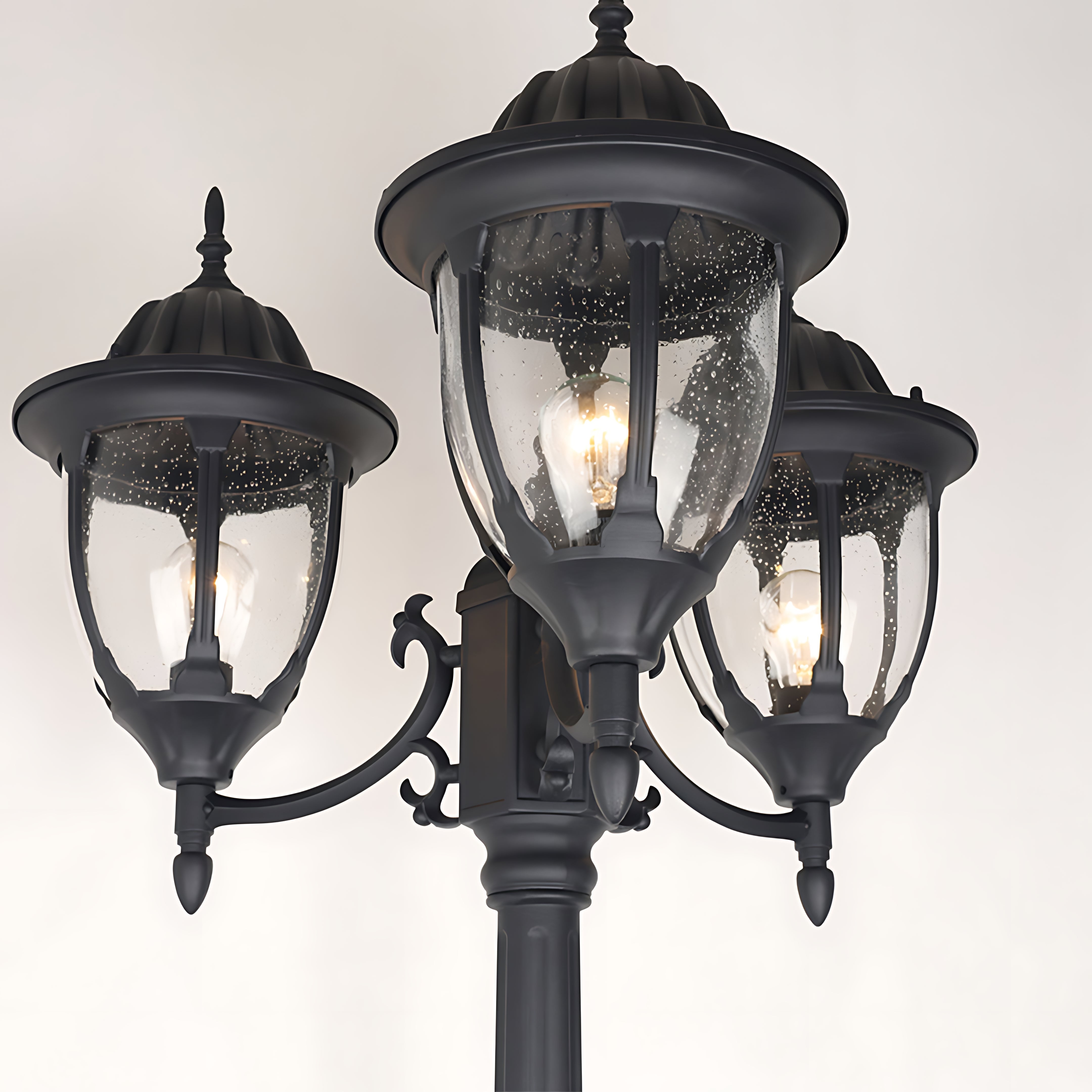 Three-Head Outdoor Post Light — Black Aluminum, 7W LED, IP54, 90.55" Height, E27, 3000K