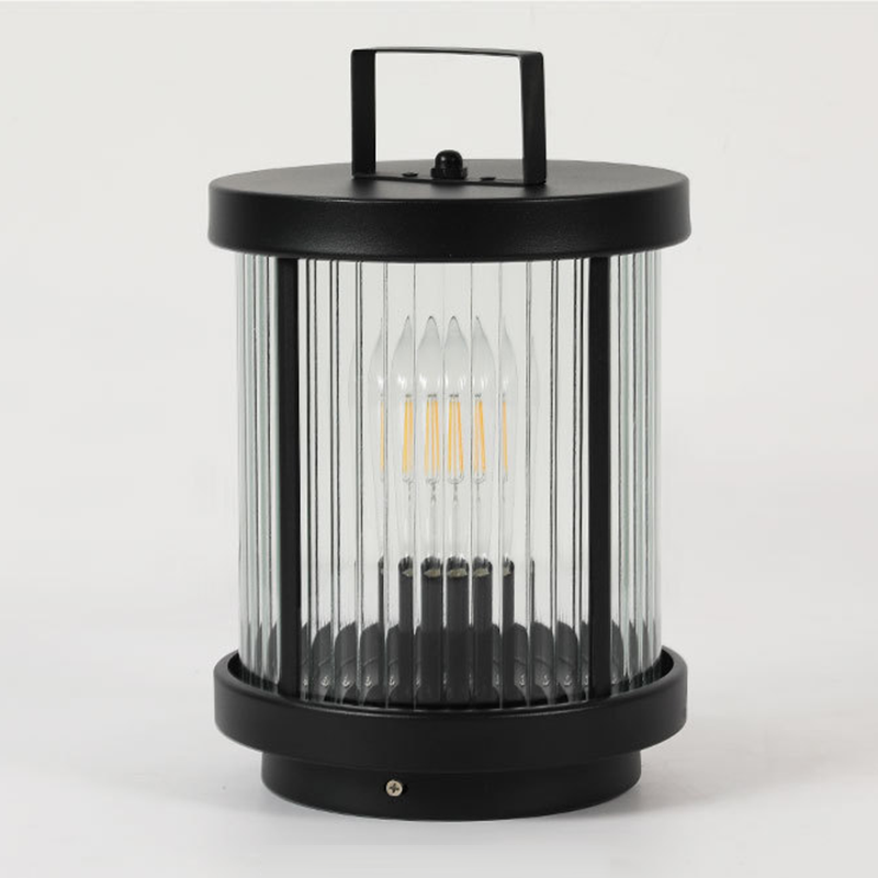 Striped Glass Cylinder Portable Outdoor Lantern — Stainless Steel Handle, LED, Solar / Hardwired, IP54, Warm White 3200K