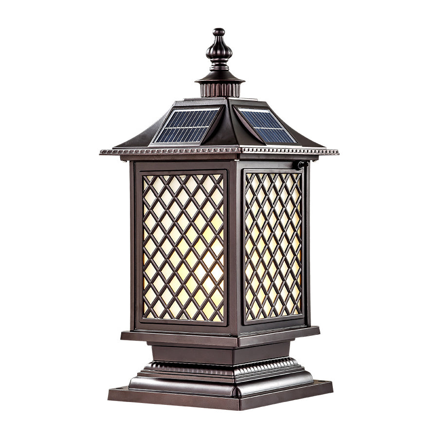 Lantern-Style Outdoor Pillar Light — Aluminum & Glass, Solar or Hardwired, 3-Step Dimming (3000K/4500K/6000K), IP65, E27