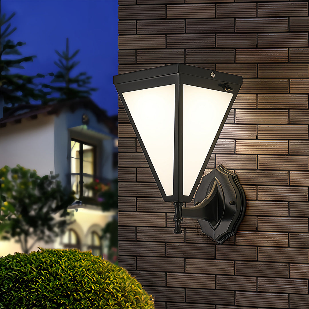 Minimalist Solar Outdoor Wall Sconce — Iron, White Acrylic Shade, 5W LED, 2200mAh, IP65, Remote Control